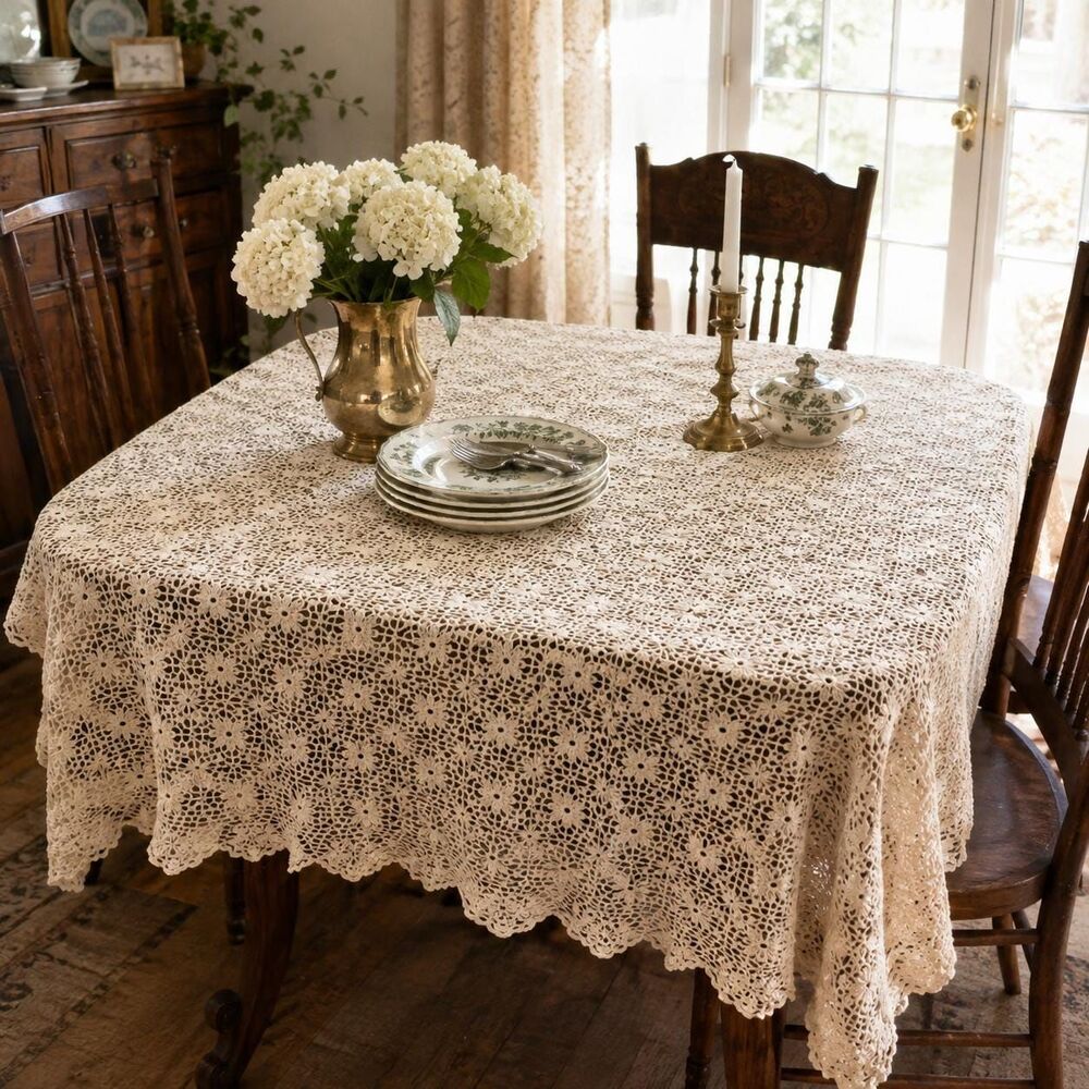 Vintage Hand Crocheted Lace Tablecloth 66 x 55 Inch Cream Floral